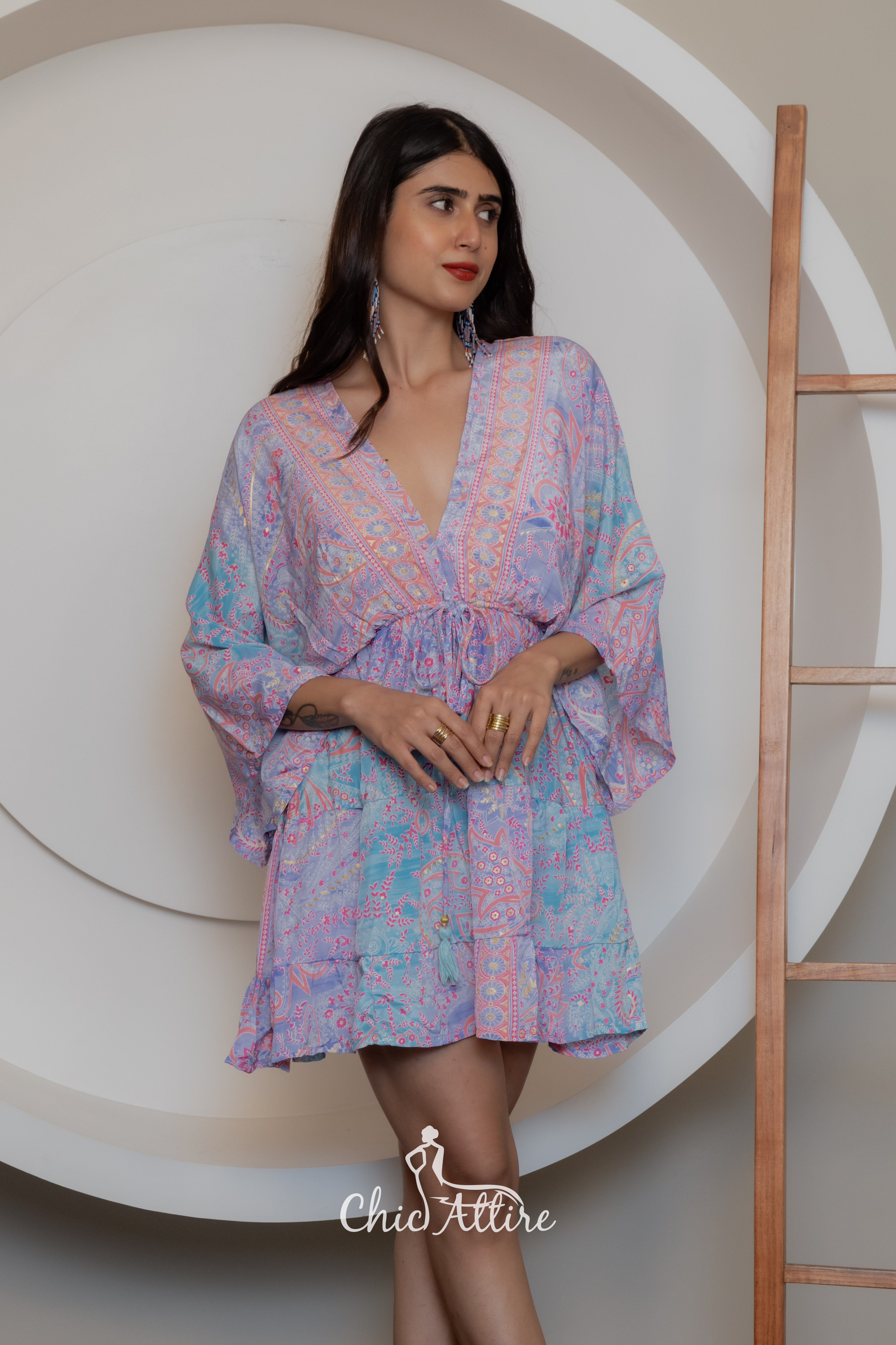 Summer Bohemian Mini Dress with Short Sleeves Rainbow Colored Pullover Viscose for Club &amp; Beach Wear Holiday Dress