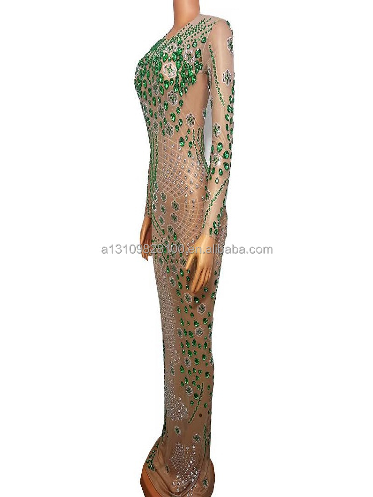 Full Diamond Sequin Hexagonal Star Dress Wrapped Tight Long Sleeve Skirt Mesh See-through Female Singer Model Stage Dress