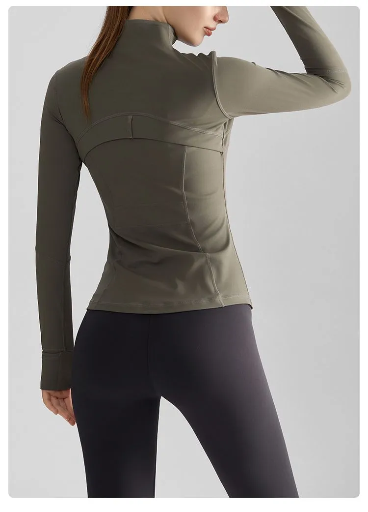 Women's Fashion Fitness Running Jacket - Stand-up Collar, Windproof, Zip-up, Slimming Fit with Pockets, Yoga Outerwear