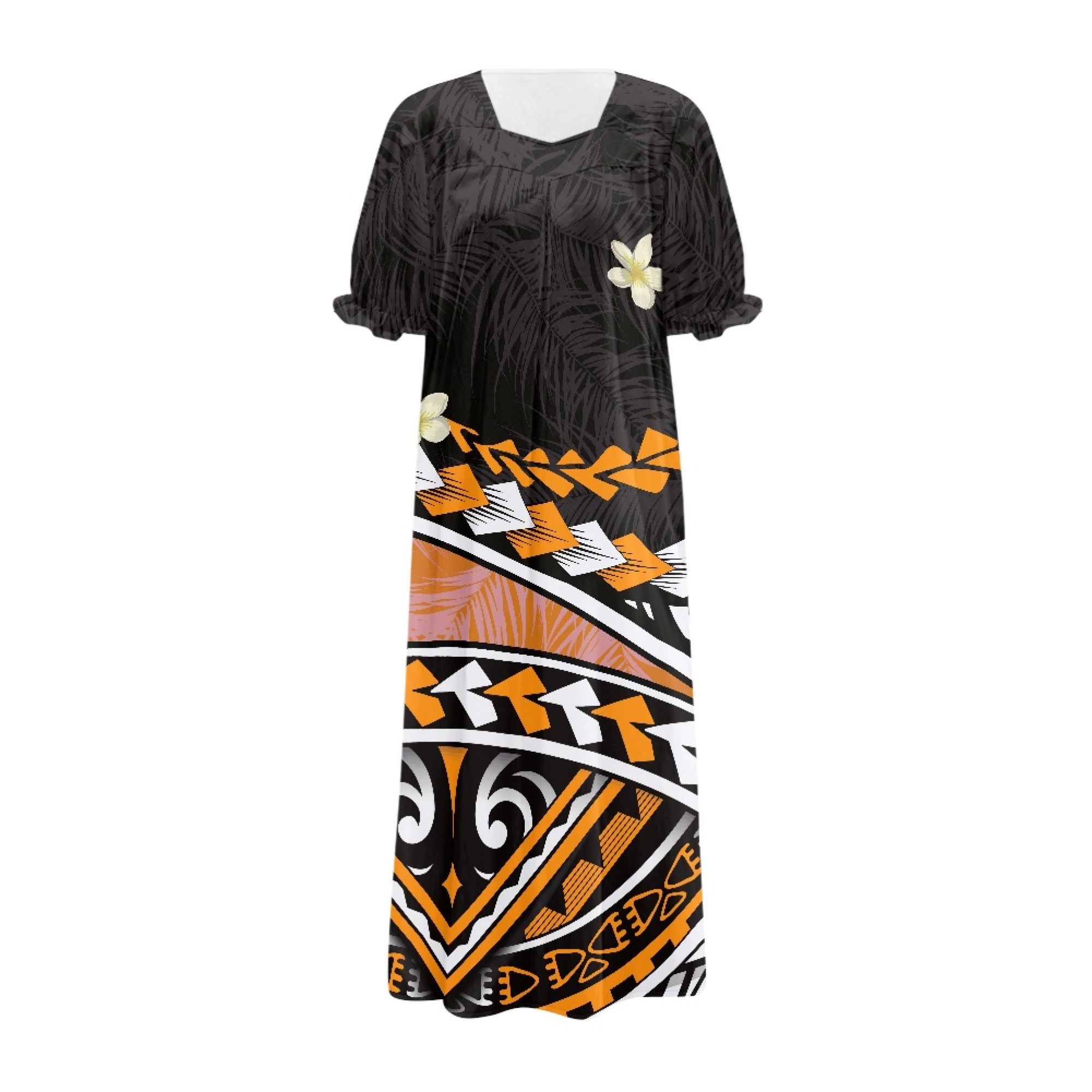 Large Size Customized Polynesian Clothing Women Elegant Puff Sleeve Maxi Dress Hibiscus Flower Print Women's Mumu Dress Hawaiian