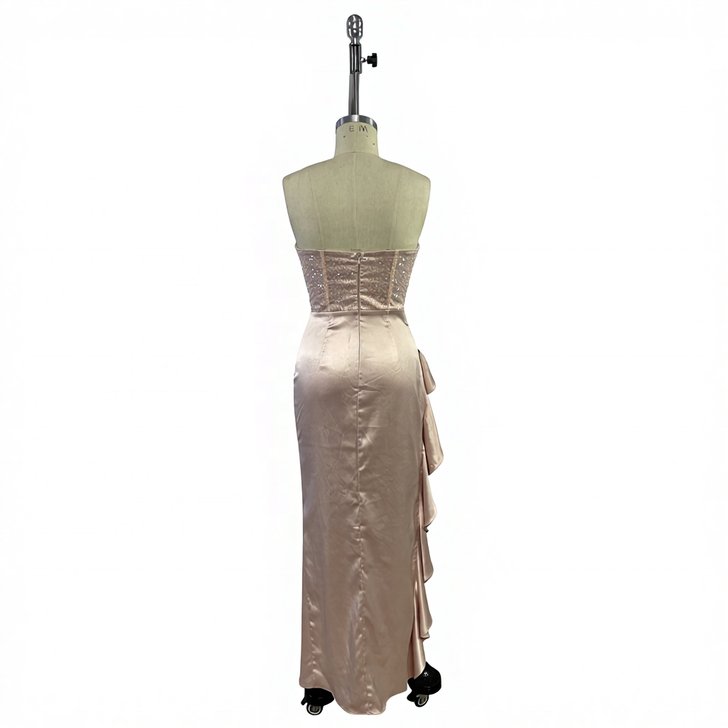 Lady's Elegant Luxury Evening Dress Sexy Sequin Strapless Formal Party Vestido with Elegant Slit