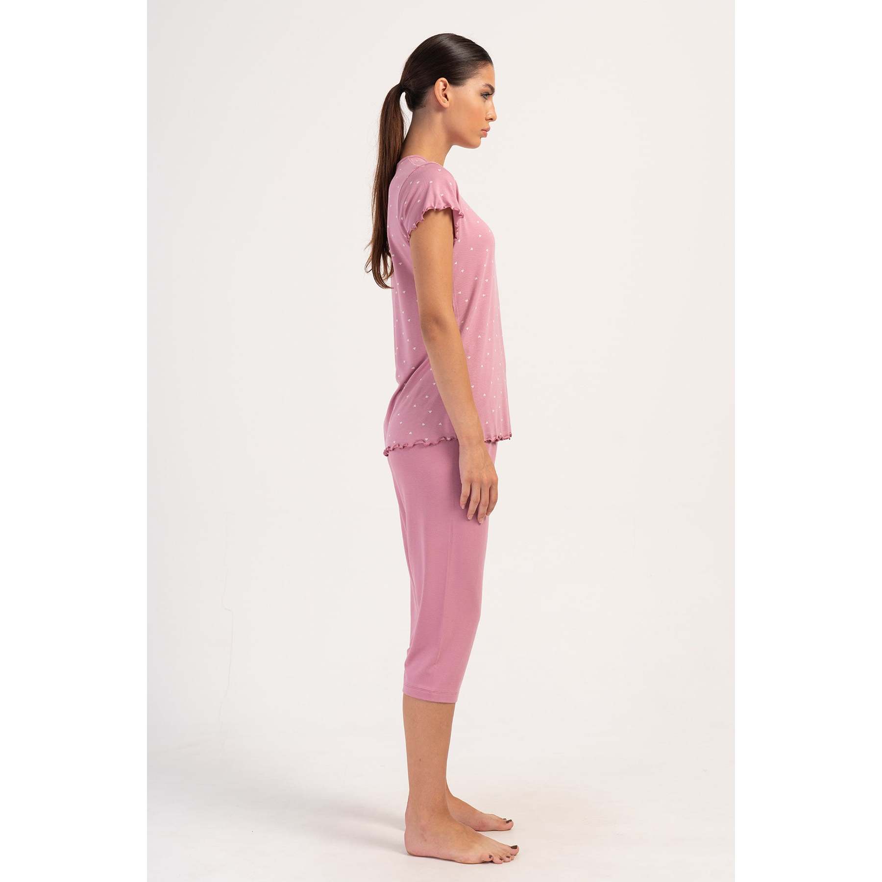 KADIN LYC VISCON XXL Women's Plus Size Sleepwear KAYIK YAKA FIYONKLU BIBILALI KISA KOL KAPRI TAKIM