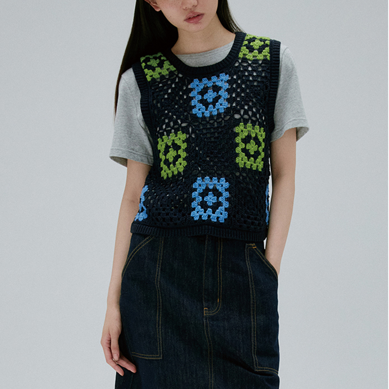 Weshallo Custom Sleeveless Square Pattern Sweater Vests Cropped Acrylic Cotton Crochet Knitted Vest for Women