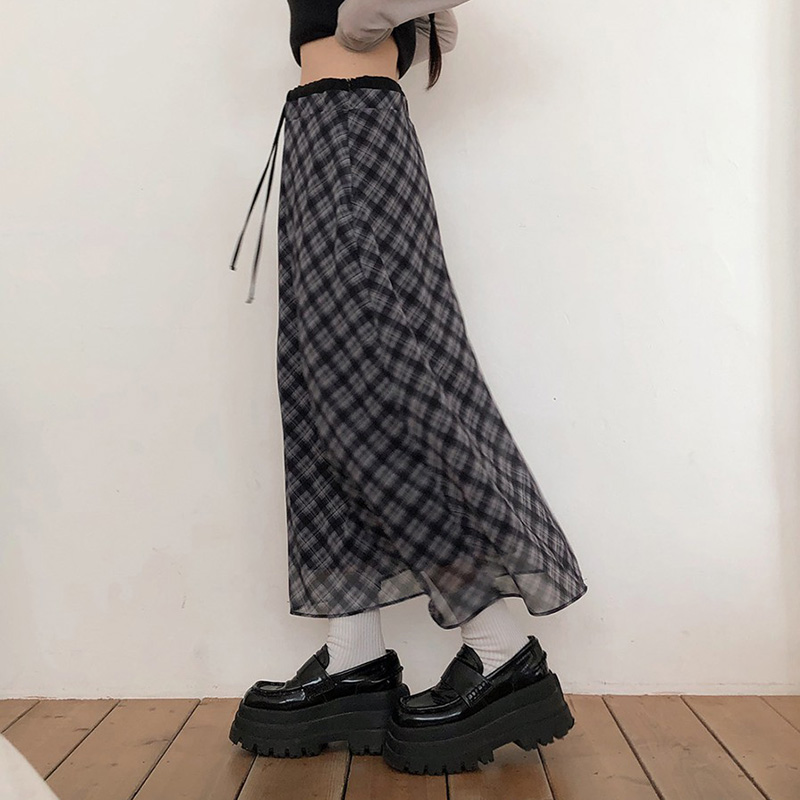 Casual Style Women's Plaid Knee-Length Chiffon Ruched Skirt Lightweight Breathable Knit Loose Fit Natural Waist Summer