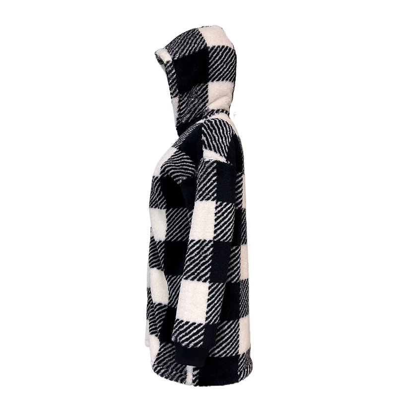 Winter Plush Women's Coat New Style Long Sleeved Full Zipper Checkered Hooded Loose Coat Women's Outerwear