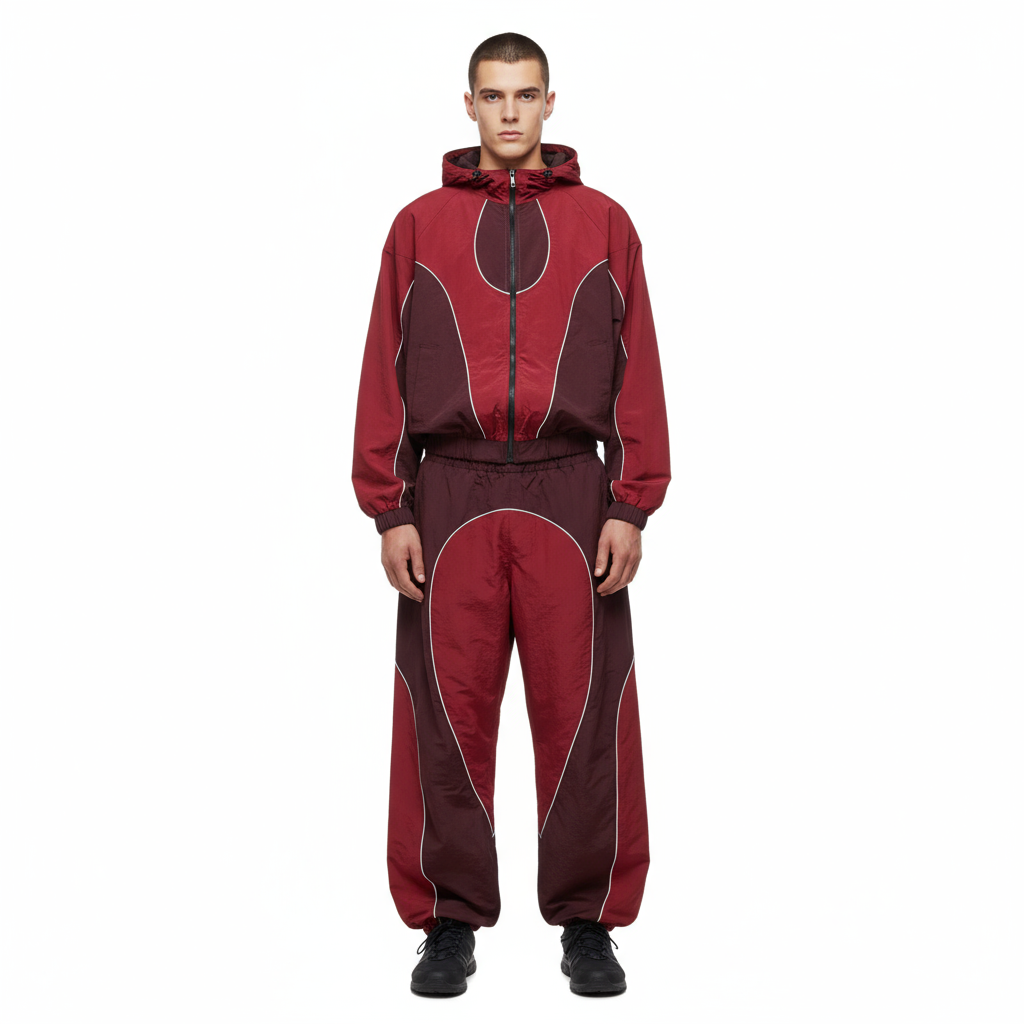 Custom Men's Vintage 3D Cyberpunk Inspired Hoodie Set Woven Nylon Patchwork Seamless Fluid Paneling Reflective Piping Futuristic
