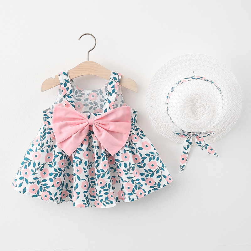 2021 Summer Children's Small Floral Big Bow Cotton Breathable Sleeveless Midi Princess Dress with Suspender