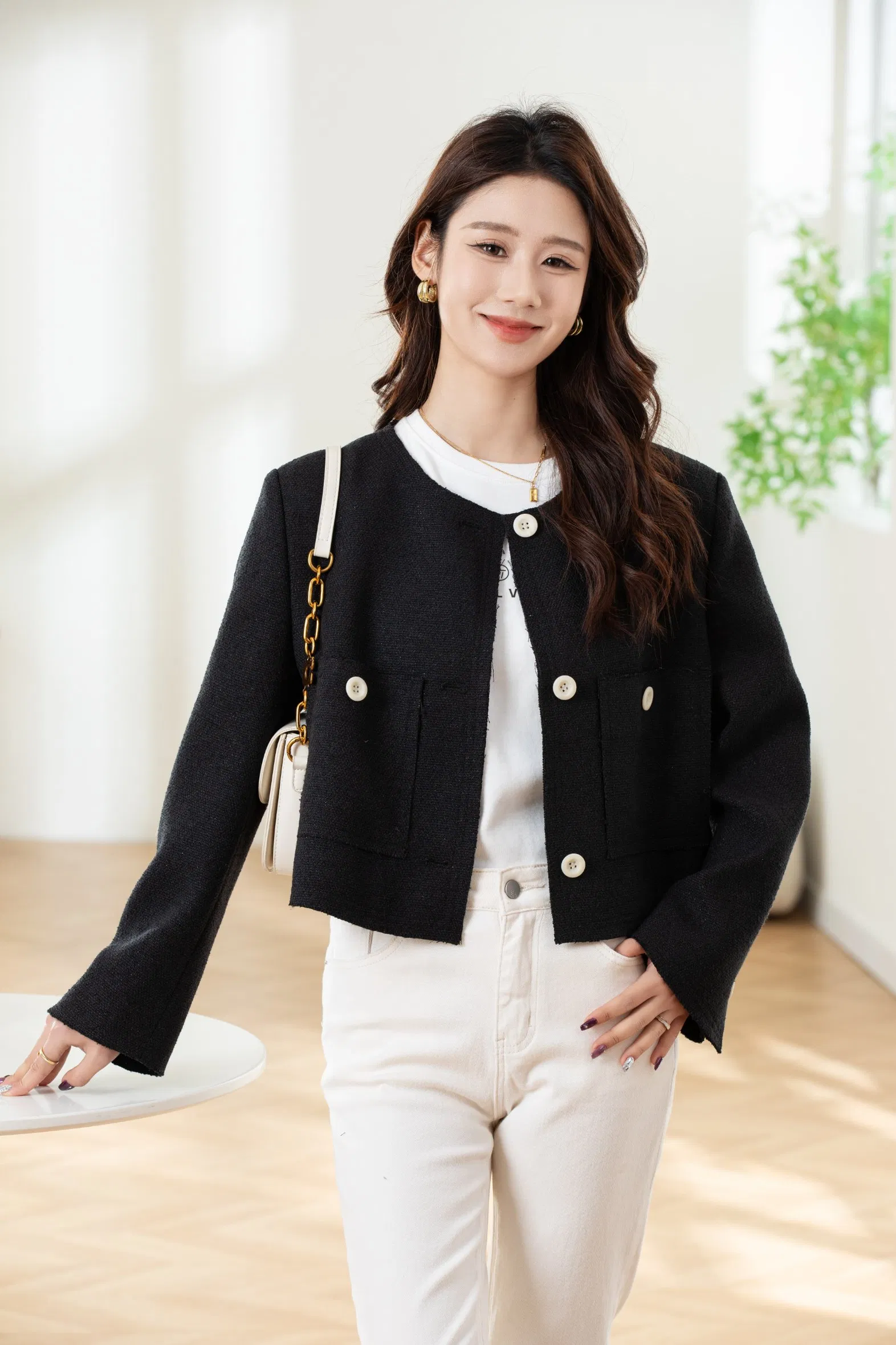 Two Color Black and White Women's Tweed Jacket Outerwear