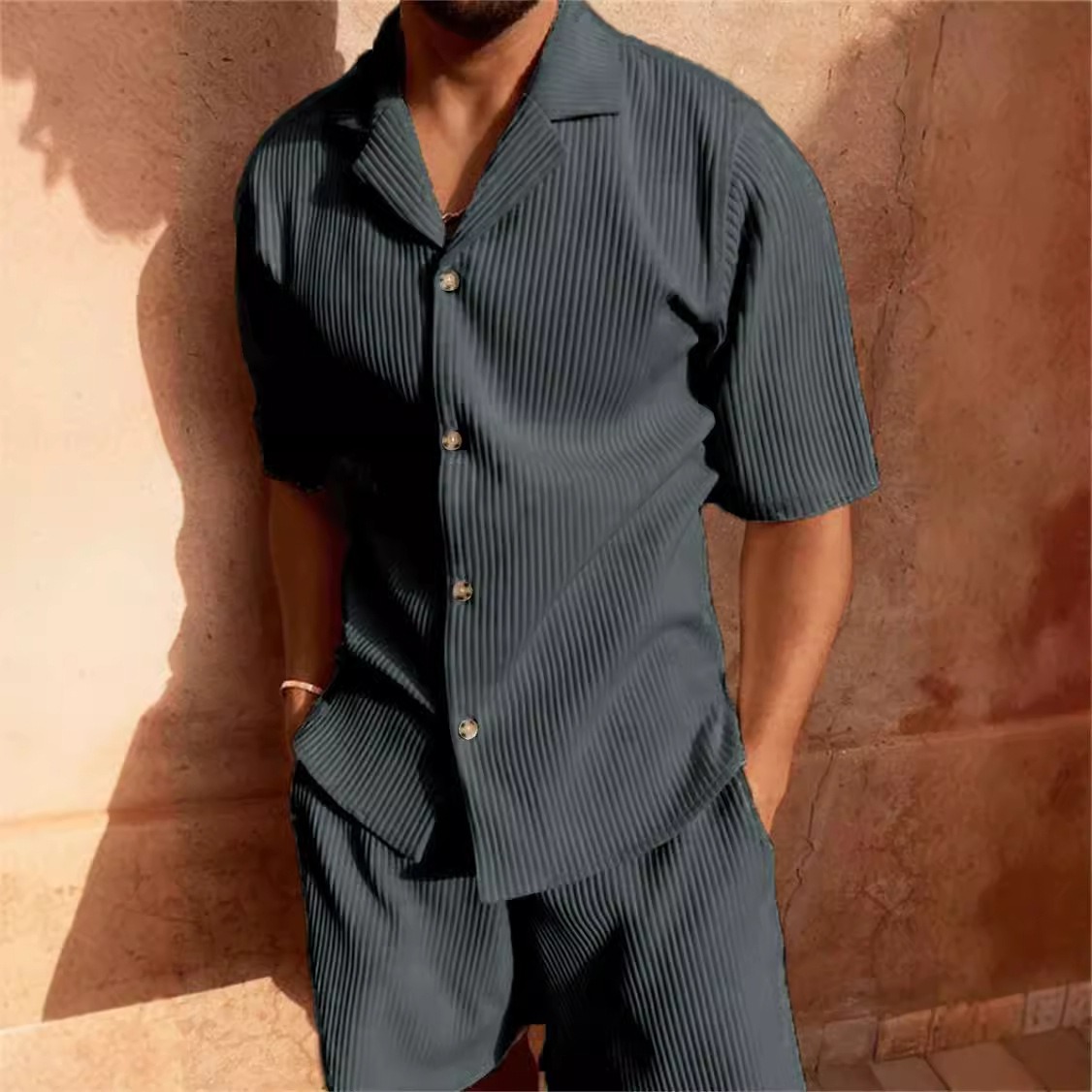 Men's Summer Solid Color Corduroy Casual Shirt Sets Comfortable Outfits for Daily Wear