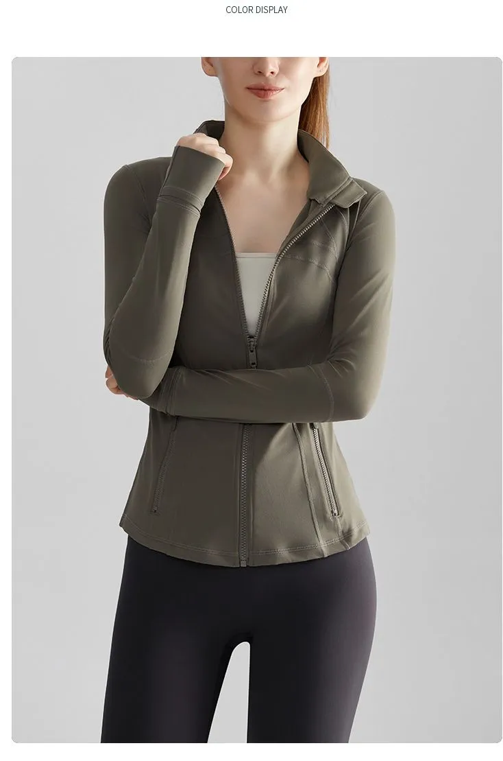 Women's Fashion Fitness Running Jacket - Stand-up Collar, Windproof, Zip-up, Slimming Fit with Pockets, Yoga Outerwear