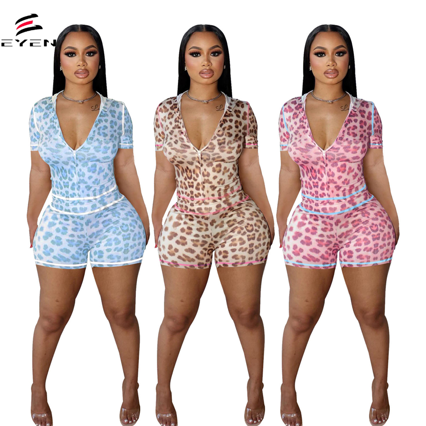New Come Summer Leopard Zipper Hooded Print Color Contrast Tight Sexy Hip Short Sleeve Shorts Two Piece Women Clothing Set