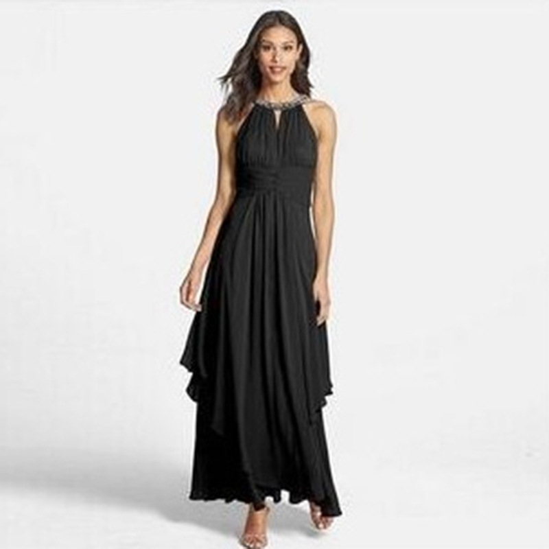 Popular Creative Summer Casual Dress Large Shoulders Long Beaded Neck Sexy Temperament Plain Weave Breathable Dyed Solid Pattern