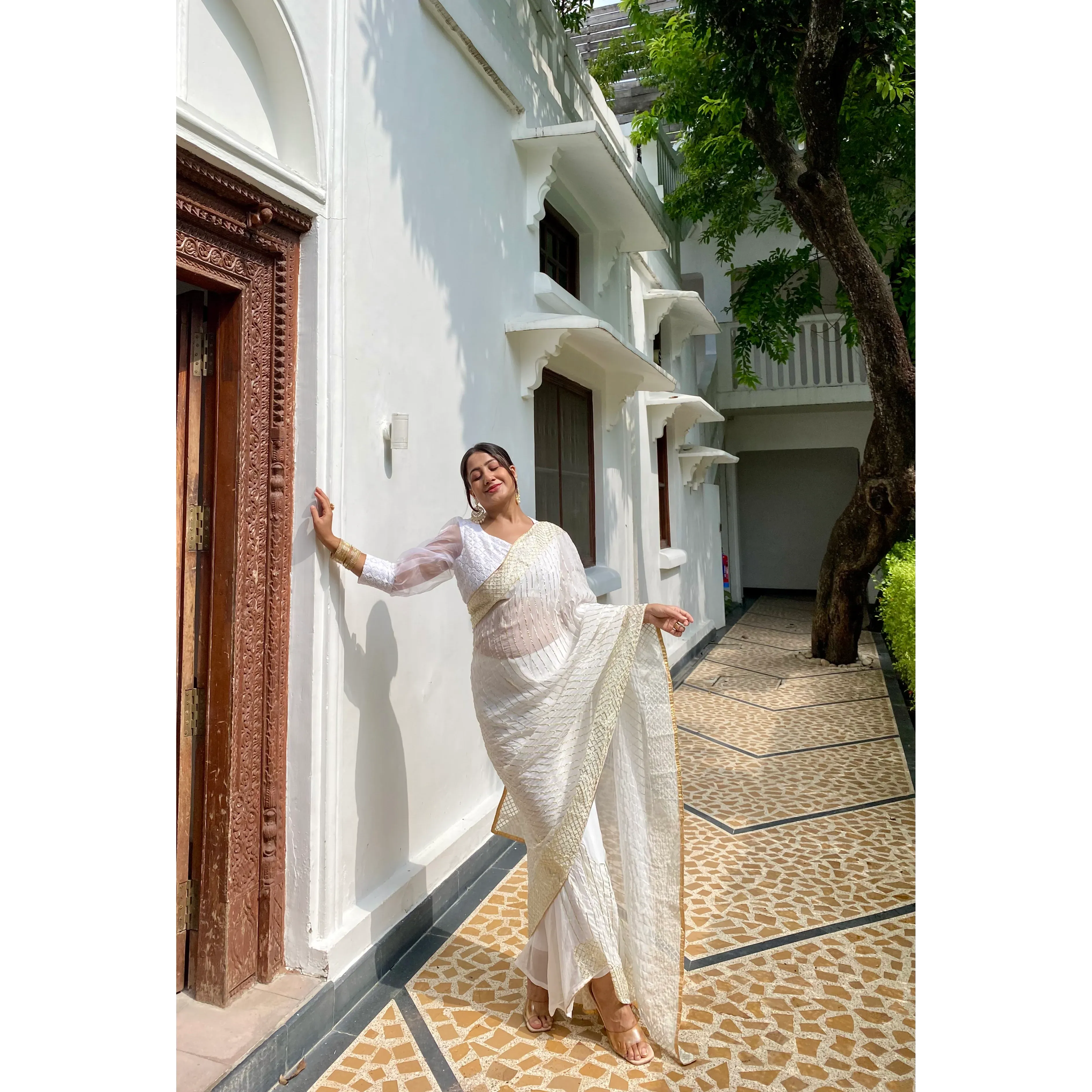 White Sand Golden Vintage Straight Floor-Length Elegant Prom Gown Draped Contemporary Ethnic Evening Occasion Wear Full Sleeve