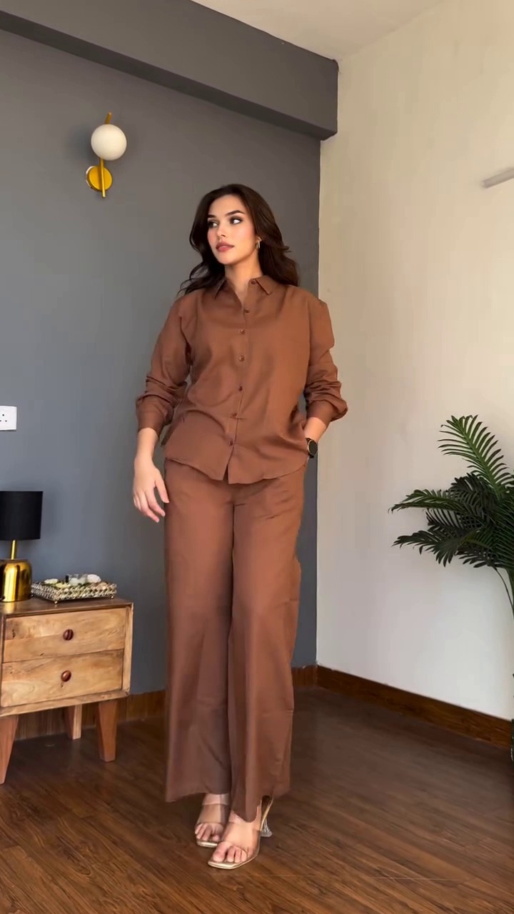 Stylish Women Casual Wear Set V-Neck Button Shirt with Full Sleeves Pant Solid Rayon All Seasons In-Stock
