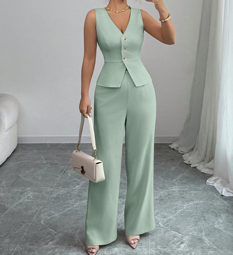 Women Elegant V Neck Collarless Office Suit Formal Business Vest Wide Leg Pants Set Stretch Woven Full Length OL Workwear