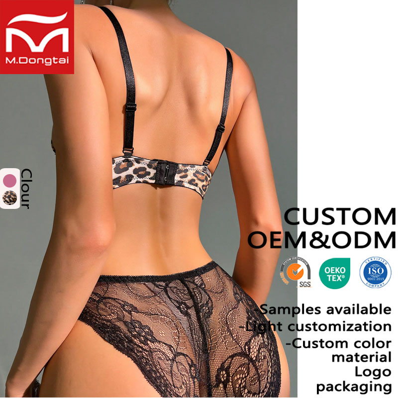 Women's Breathable Seamless Leopard Print Lace Push-Up 3/4 Cup Wire-Free Bikini Panties Babydoll Lingerie Set with Logo