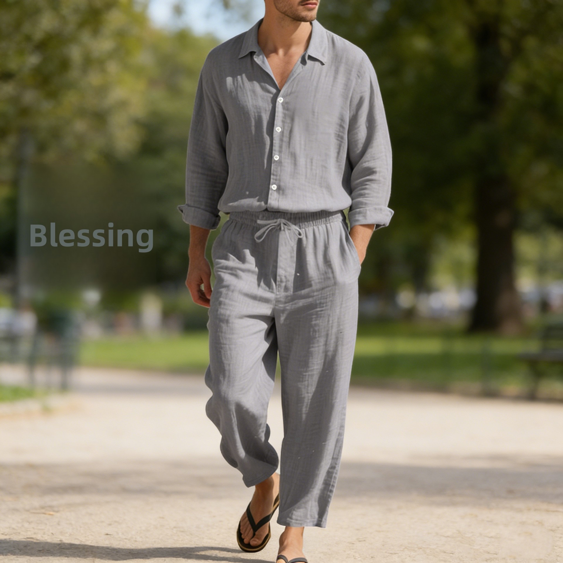 American-style All-season Linen Men's Casual Loose Beach Sun protection Long-sleeved Shirt and Trouser Suit