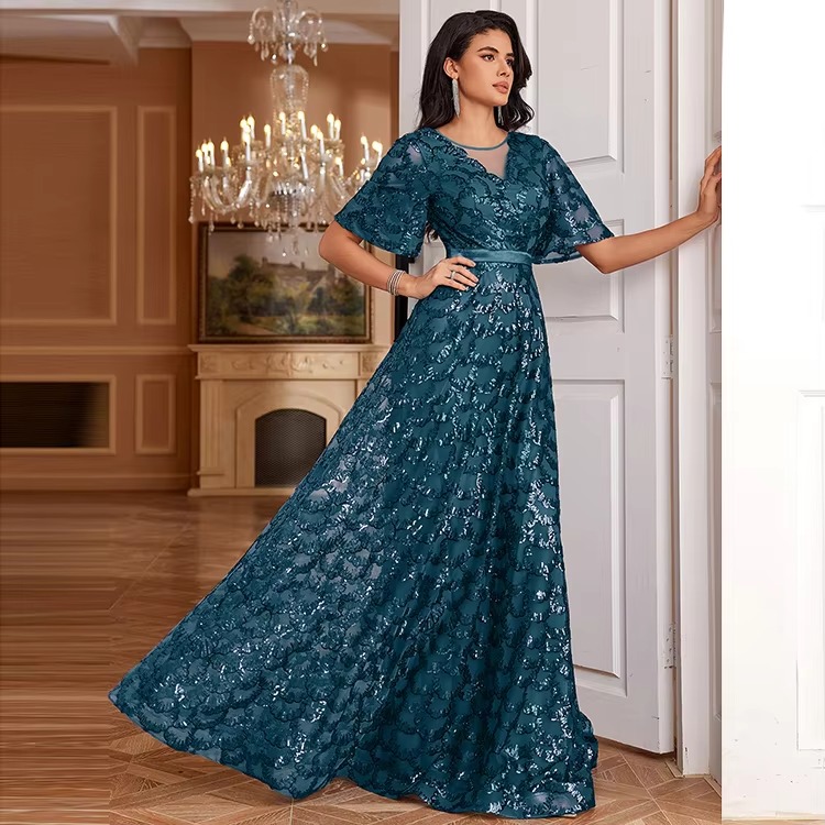 2025 Elegant Short Sleeve O Neck Formal Long Dress for Women Blue A Line Casual Wedding Party Wear Prom Gown by IMPEREAL
