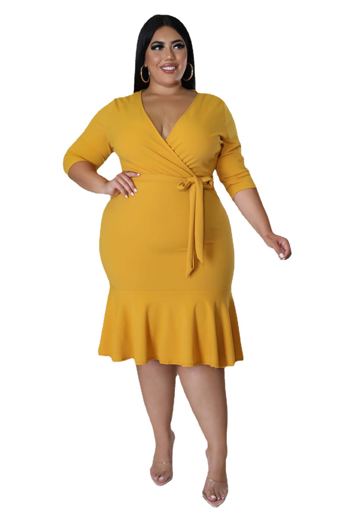 2024 Plus Size Women's Half Sleeved Elastic Deep V Ruffled Cuffs Plus Size Dress