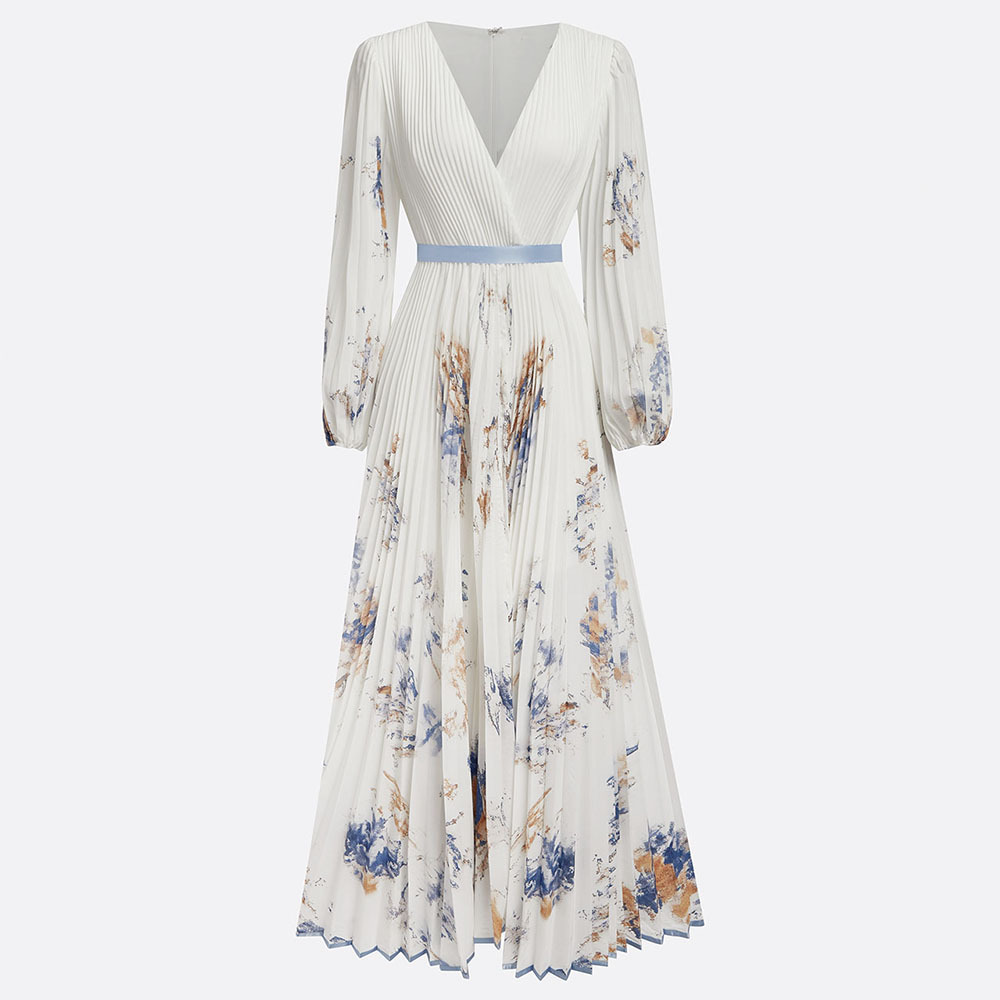 Premium Spring New Ethnic Print Dress Women's Lace-up Floral Pattern Tight Waist Puff Sleeve Large Swing V-neck Casual Dress