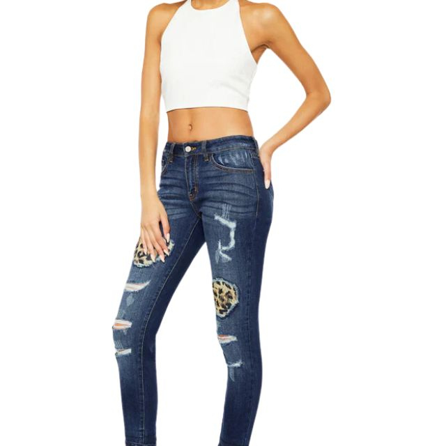 Wholesale Sexy Leopard Patch Slim Fit Denim Women High Waist Skinny Plus Size Jeans Destroyed Mid Rise Ripped Petite Trousers