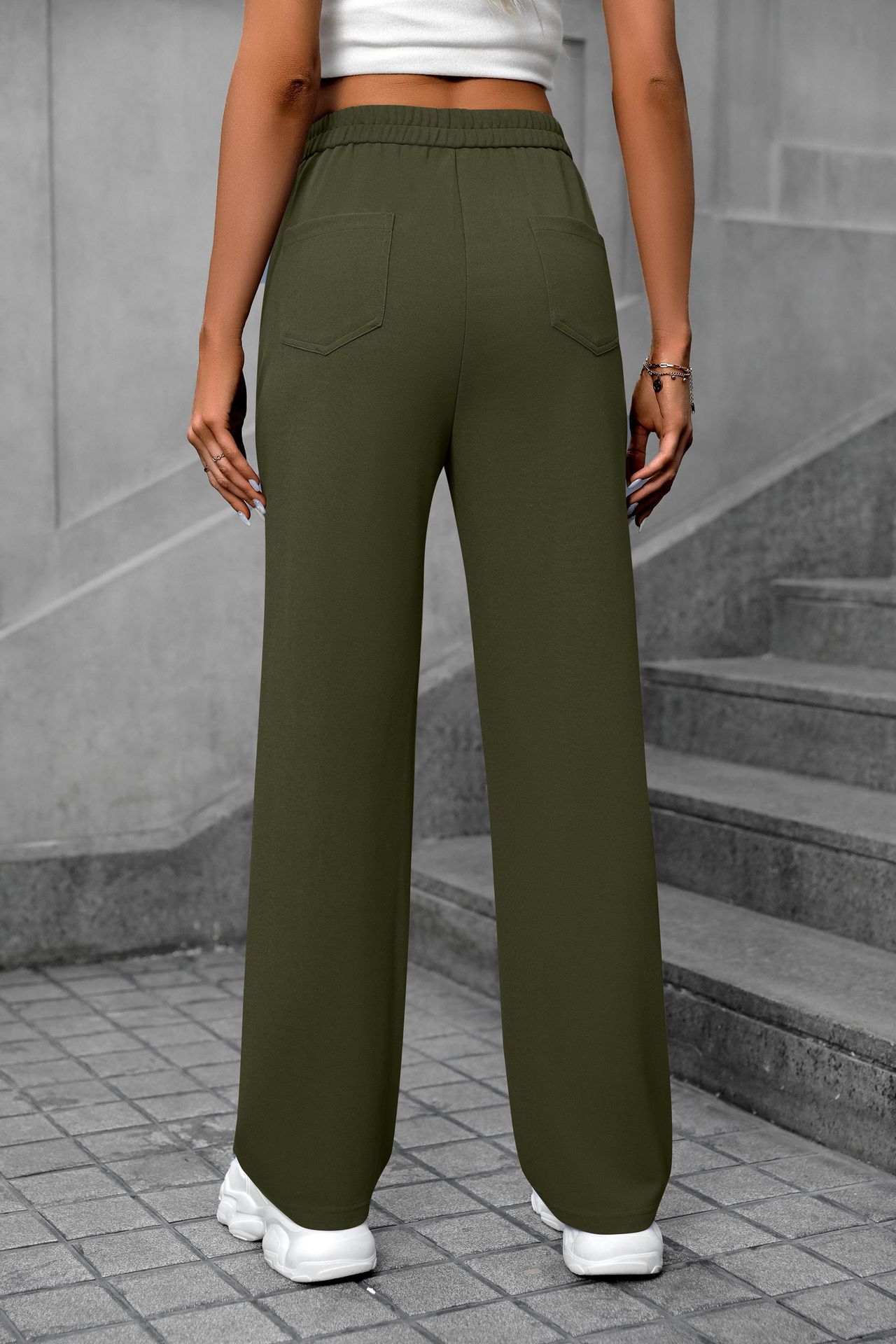 Women's Vintage High Waist Straight Pants with Button Pockets Loose Wide Leg Fashionable Anti-Wrinkle Trousers