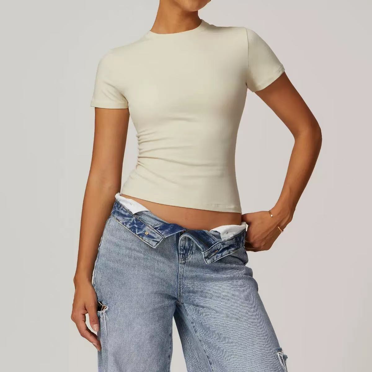 Wholesale Custom Ladies Sexy Cropped Tshirt Rhinestone 95% Cotton 5% Spandex Tight Slim Fit Crop Tops Tee T Shirt For Women