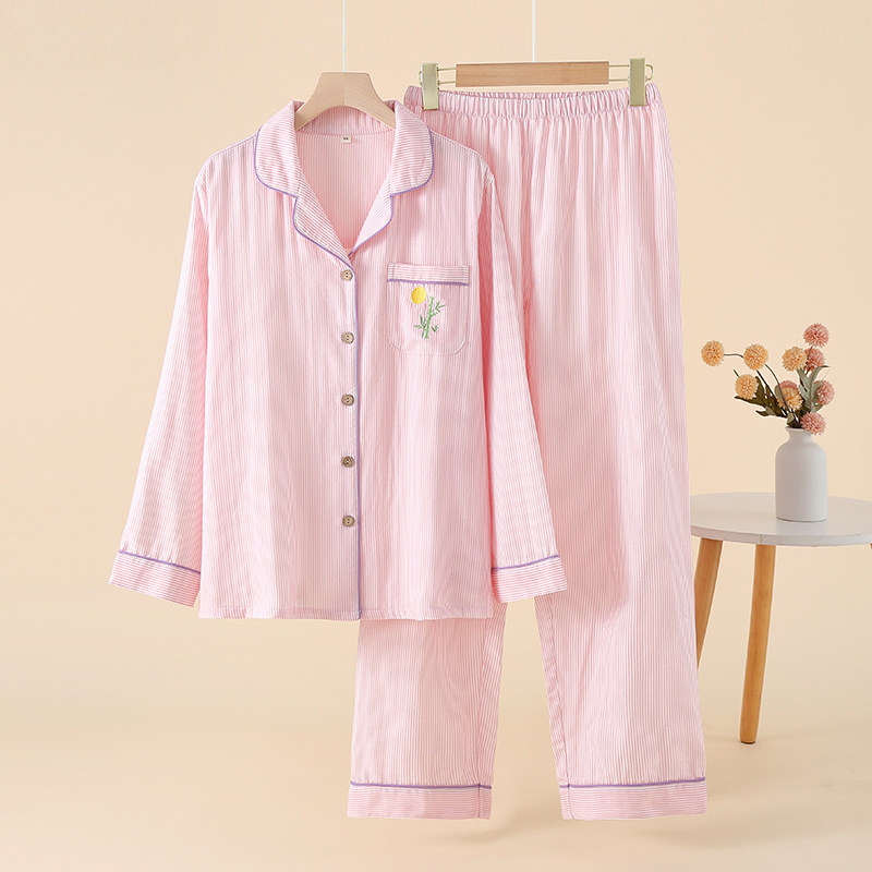 New Women's Pure Cotton Double Layer Gauze Pajamas Long Sleeve Homewear Set Elastic Waist For Spring Autumn
