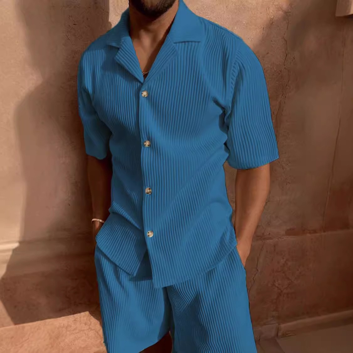 Men's Summer Solid Color Corduroy Casual Shirt Sets Comfortable Outfits for Daily Wear