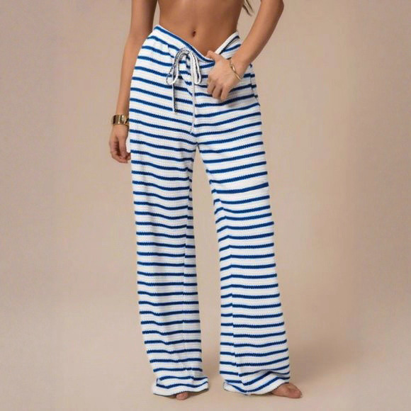 Wholesale Women's Slim Straight Leg Casual Trousers Fashion Color Contrast Horizontal Stripes Cross-Border Pants