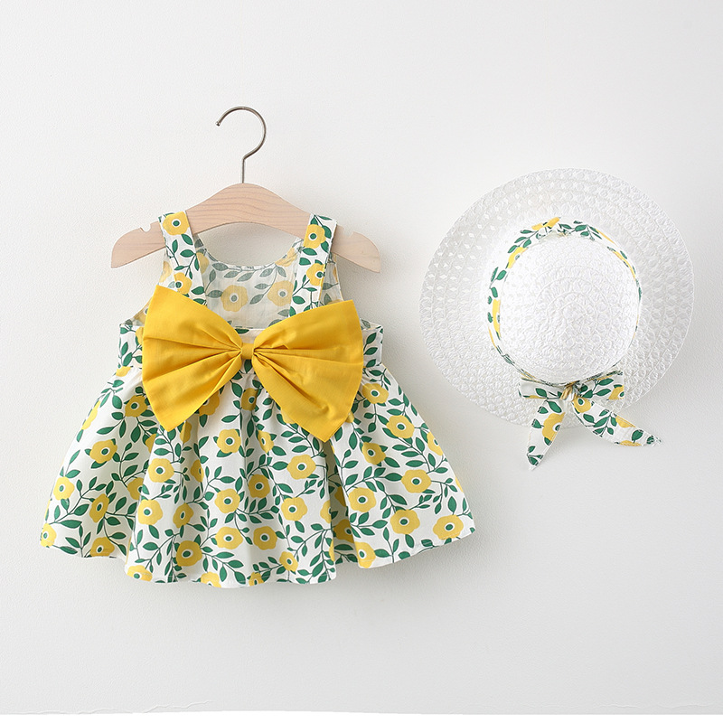 2021 Summer Children's Small Floral Big Bow Cotton Breathable Sleeveless Midi Princess Dress with Suspender