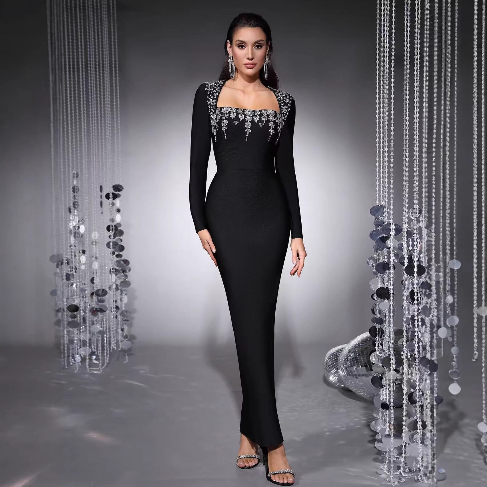 OEM Factory Customized Bandage Black High Quality Chic Glamorous Formal Dresses Women Long Bodycon Evening Dress