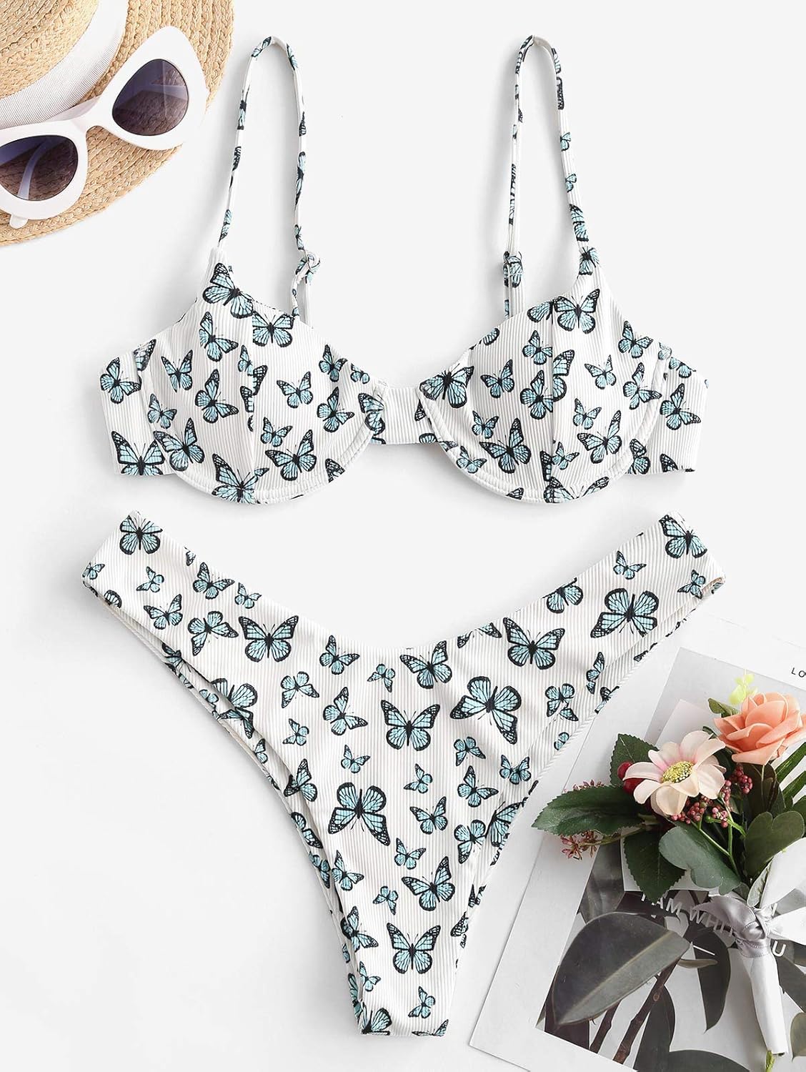ZAFUL Women's Ribbed Underwire Bikini Set High Cut V Notch Smocked Swimwear Printed High Leg Swimsuit