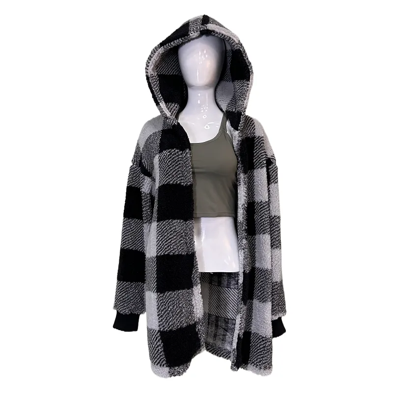 Winter Plush Women's Coat New Style Long Sleeved Checkered Hooded Loose Coat Women's Outerwear