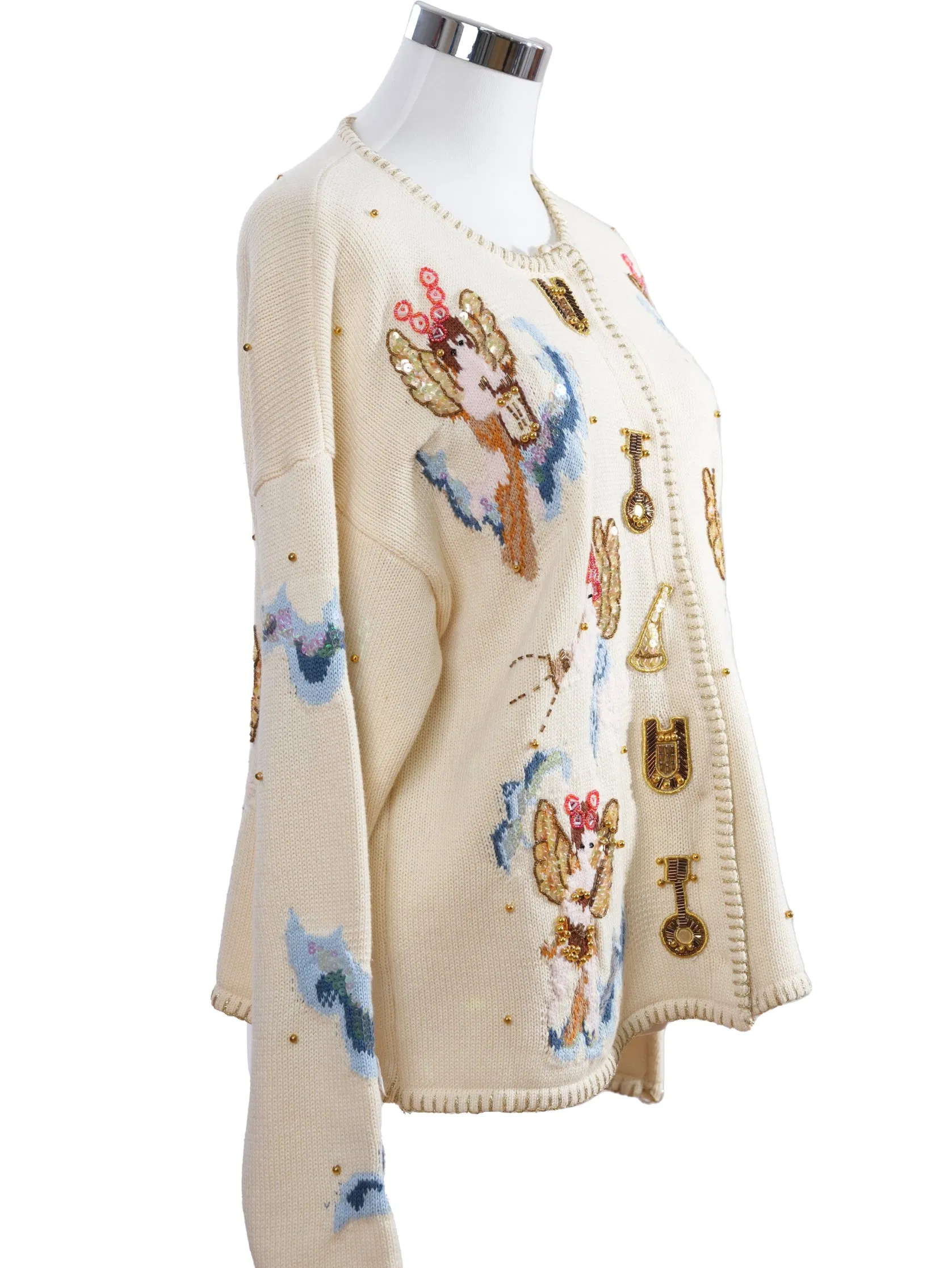 Women's 647g Midweight Cotton Knit Cardigan Outerwear Featuring Delicate Sequin