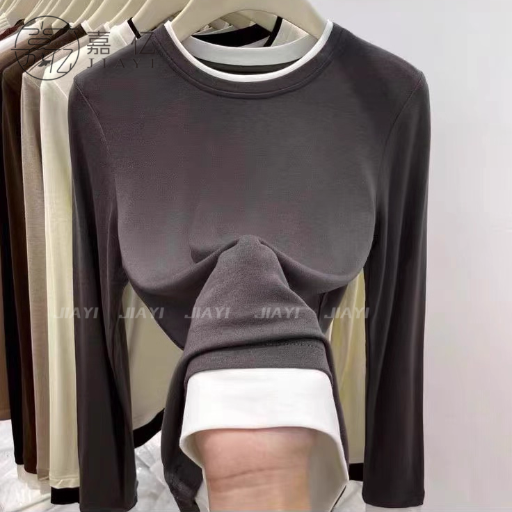 Women's Right Shoulder Slim Fit T-Shirt New Style Spring Autumn Bottoming Top Contrast Color Patchwork for Office