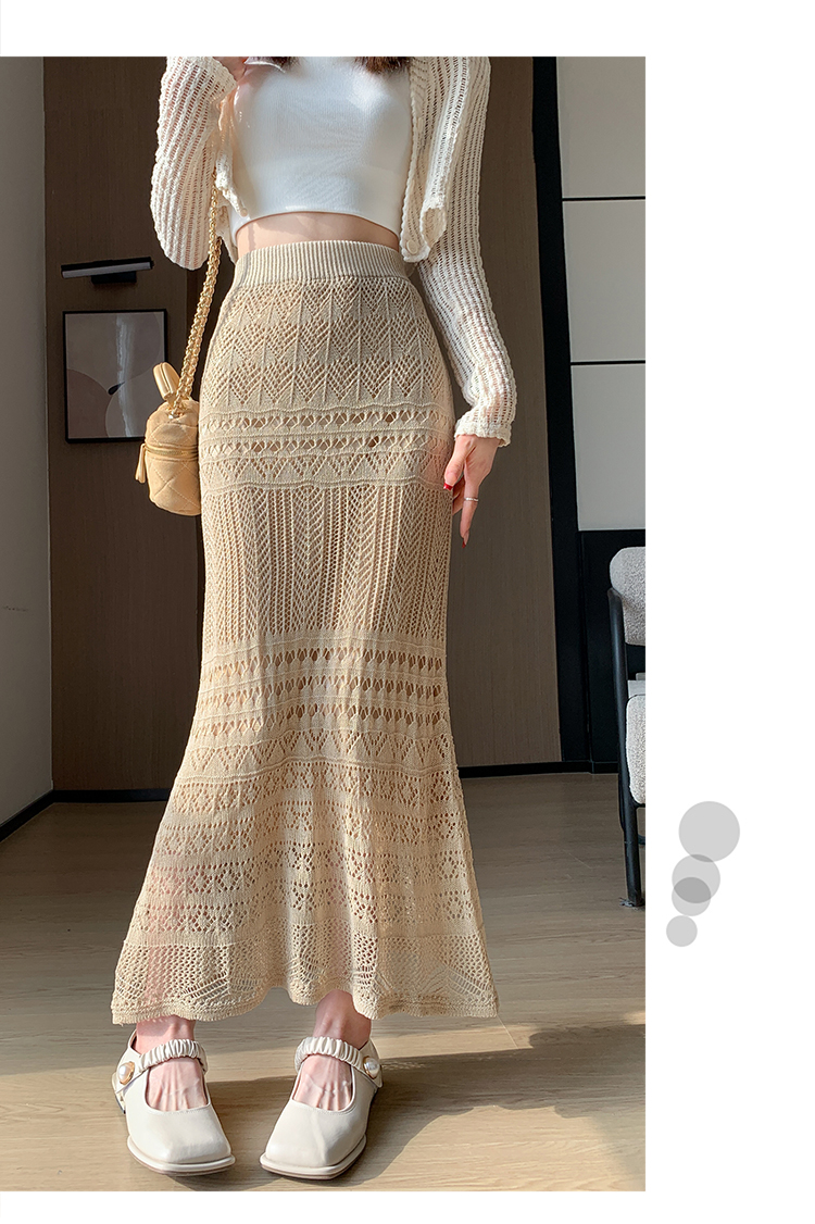 Women's Spring Summer A-Line Casual Breathable Natural Waist Midi Skirt Solid Lace Knitted Design Apricot Color Dushan