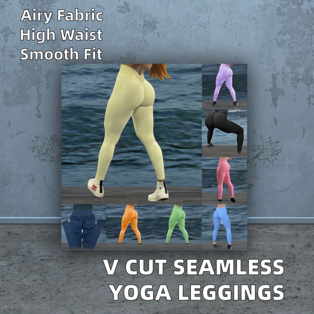 High-Waist Women's V Cut Waist Yoga Tights Seamless Scrunch Butt Gym Pants with Abdomen Binding Solid Pattern Running Trousers