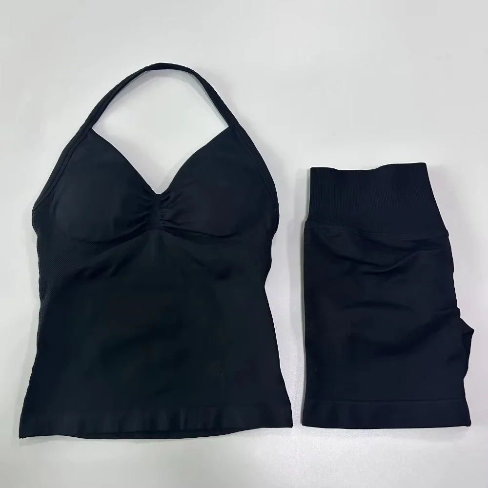 2pcs Gym Set for Women Backless Tank Tops Scrunch Seamless Shorts XL Fitness Activewear Breathable Workout Apparel Solid Summer