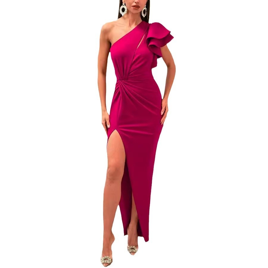 Wholesale Women's Clothing Elegant One-shoulder Bridesmaid Dresses Hollow-out Ruffle Party Gown