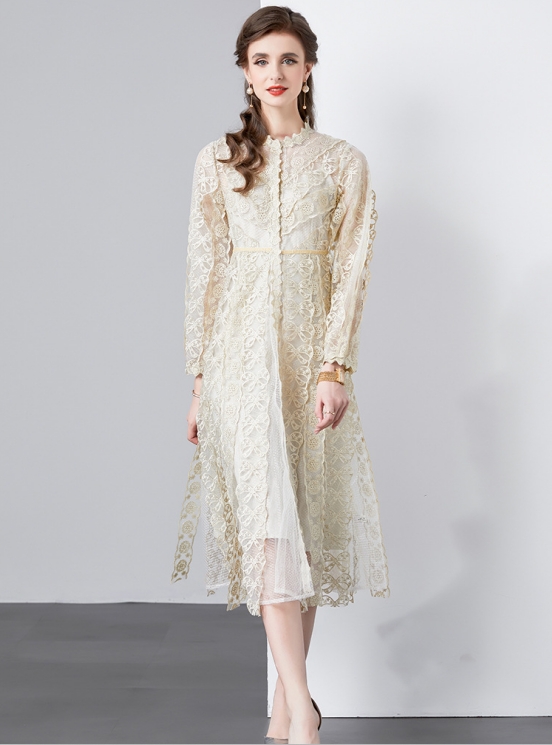 2023 Women's Spring New Embroidered Perspective Mesh Waist Closing Heavy Industry Dress