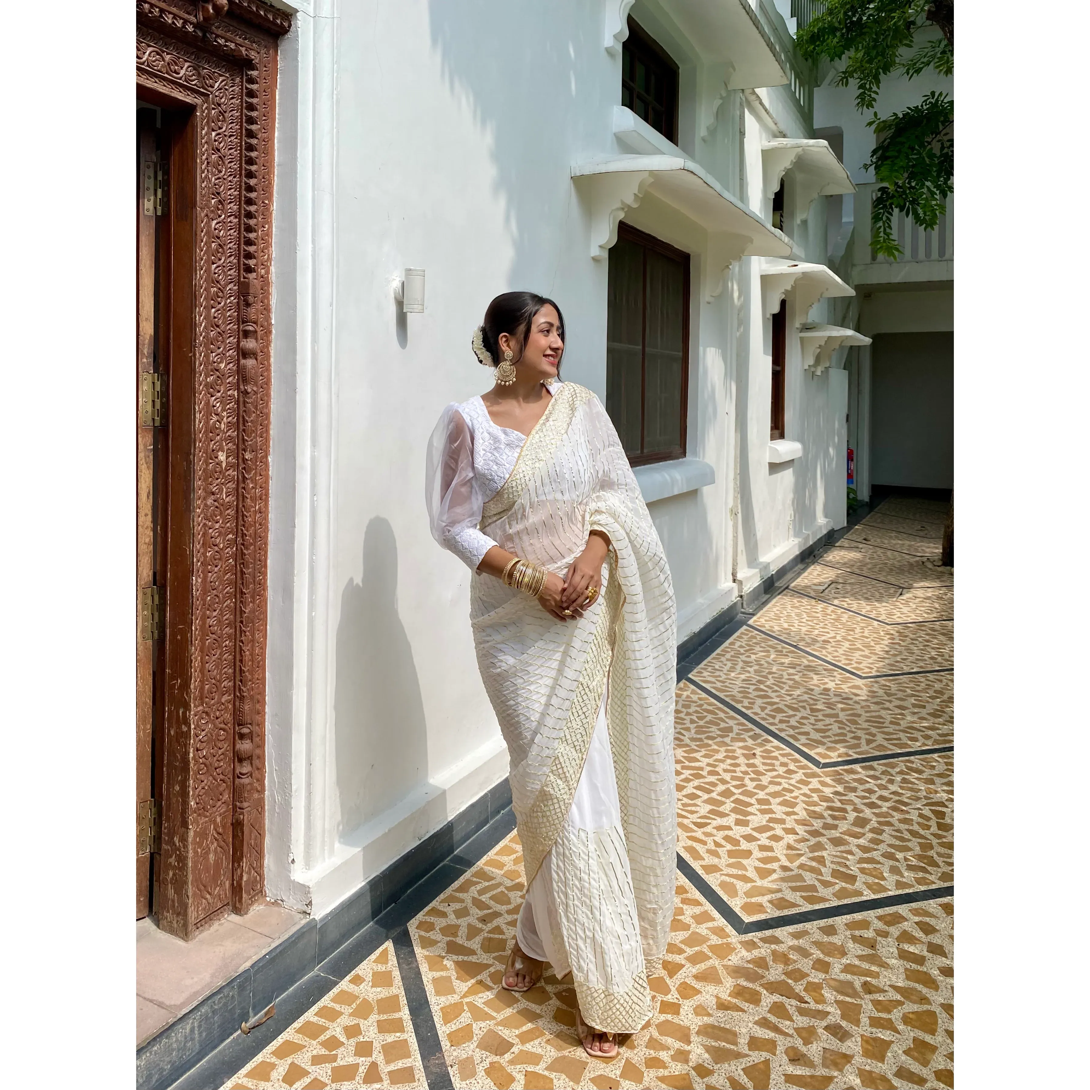White Sand Golden Vintage Straight Floor-Length Elegant Prom Gown Draped Contemporary Ethnic Evening Occasion Wear Full Sleeve