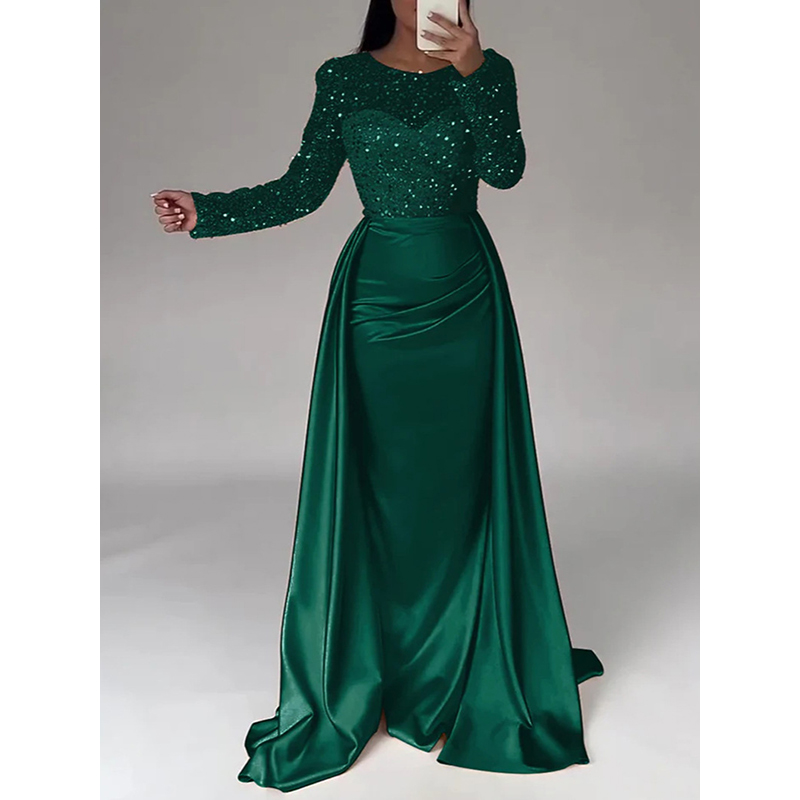 Women's Long Sleeve Elegant Socialite Sequin Evening Dress Luxury Formal Gown for Banquet Annual Meeting Party Host Even