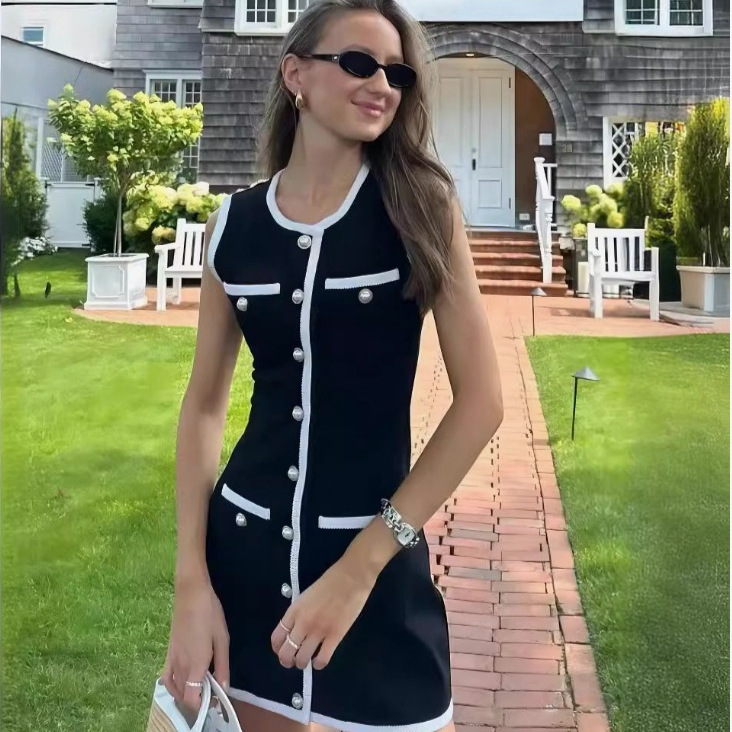 European American Small Fragrance Elegant Sexy Dress Knitted Button Sleeveless Vest Dress Chiffon Natural Waistline Woven Method