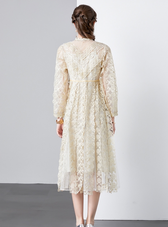 2023 Women's Spring New Embroidered Perspective Mesh Waist Closing Heavy Industry Dress