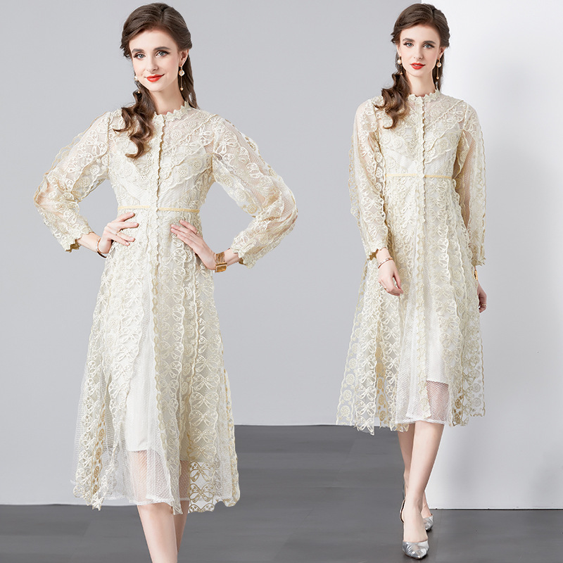 2023 Women's Spring New Embroidered Perspective Mesh Waist Closing Heavy Industry Dress