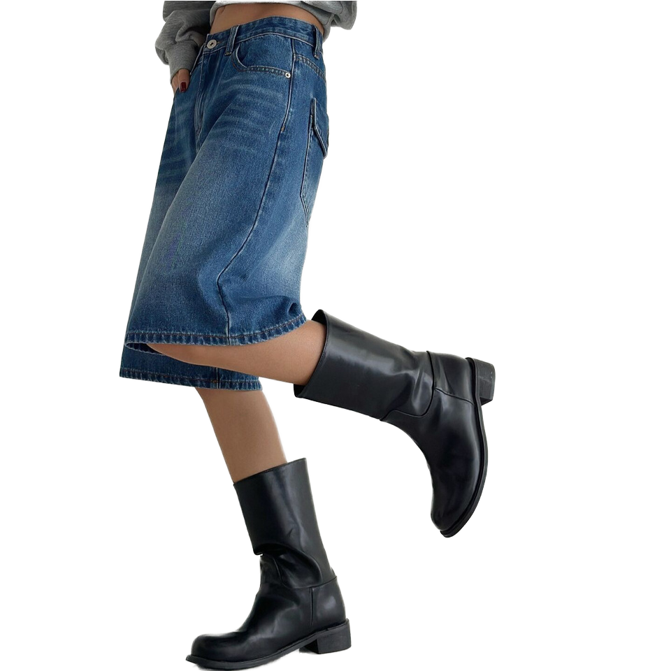 Korean Style Summer Pants Breathable Loose Jeans Front Logo Washed Black Petite Mid-Length Pants