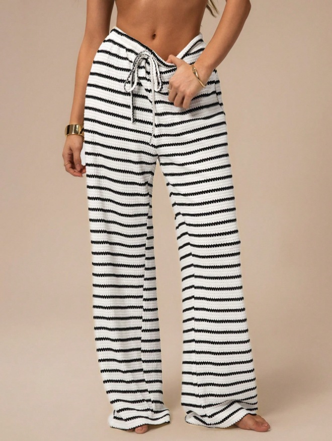 Wholesale Women's Slim Straight Leg Casual Trousers Fashion Color Contrast Horizontal Stripes Cross-Border Pants