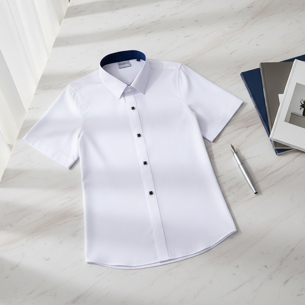 Premium Business Slim Fit Short Sleeve Knitted Turn-down Collar Men's Dress Shirt 55% Cotton Breathable Formal Office Workwear