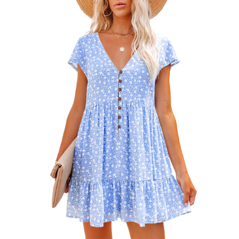 2022 Hot Sales V Collar Button Small Floral Short Sleeve Loose Casual Dress